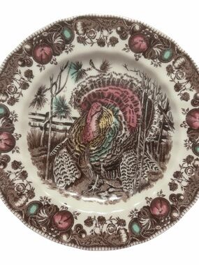 Johnson Brothers Brown Turkey Transferware Plate Teal and Pink Accents Set 2